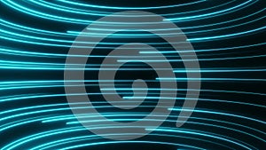 Neon blue light lines move from right to left in a semicircle on a dark background . Animation of abstract 3d background