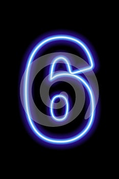 Neon blue number 6 on black background. Serial number, price, place