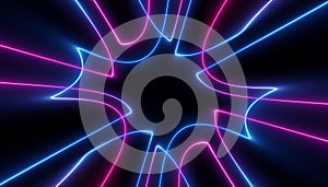 Neon blue pink futuristic ultraviolet energy curvy glowing lines laser tunnel Sci-Fi black high resolution background with space