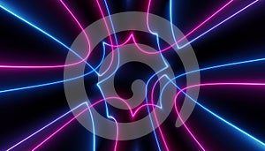 Neon blue pink futuristic ultraviolet energy curvy glowing lines laser tunnel Sci-Fi black high resolution background with space