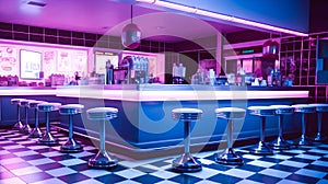 Neon blue and pink retro diner interior with bar stools end checkerboard floor