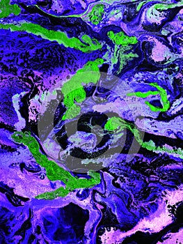 Neon blue, purple and green fantastic painting. Art creative abstract hand painted background, marble texture, abstract ocean,