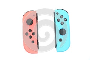 A neon blue and neon red Nintendo Switch joycon