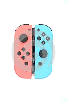 A neon blue and neon red Nintendo Switch joycon
