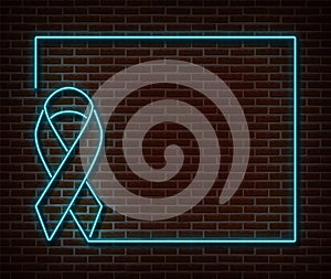 Neon blue ribbon frame signs   on brick wall. Prostate cancer banner light symbol, ribbon decoration effect. Neon