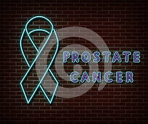 Neon blue ribbon with text signs vector isolated on brick wall. Prostate cancer light symbol, ribbon decoration effect. Neon