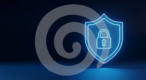 Neon blue shield with padlock icon on dark background security protection