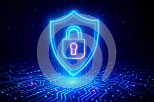 Neon blue shield with a pink lock icon on a digital circuit board background security padlock