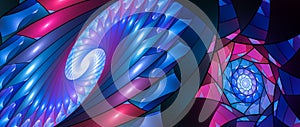 Neon blue stained-glass spirals abstract widescreen background