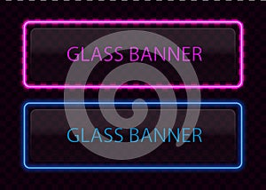 Neon box banner. Violet and blue billboard box with led. Neon glass frame template for circus, text poster. Square banner with