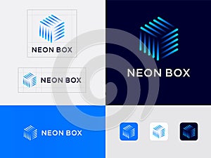 Neon Box logo and Identity. Geometric form consists of thin color elements. Abstract Box.