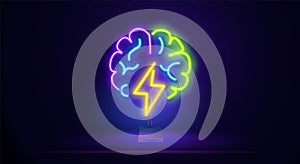 Neon Brainstorm icon. Left and right hemispheres brain neon sign. Creative and logical brain hemisphere glowing icon