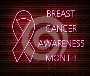 Neon breast cancer awareness signs   on brick wall. Pink ribbon light symbol, led effect. Neon illustration