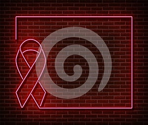 Neon breast cancer awareness signs  isolated on brick wall. Pink ribbon light symbol, led effect. Neon illustration