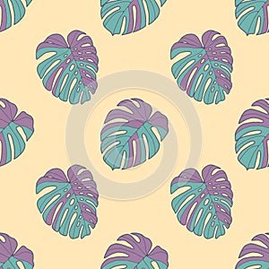 Neon bright graphic illustration seamless pattern with teal and purple monstera deliciosa windowleaf plant leaves on light yellow