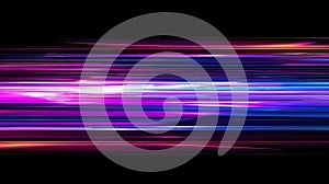 Neon bright light lines on black background. Laser beams are purple and blue. Abstract pattern