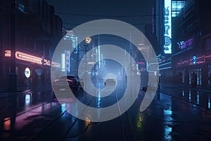 Neon buildings in a futuristic city at night with illuminated skyscrapers. Glowing neon signs. Generative AI