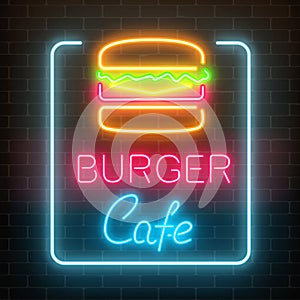 Neon burger cafe glowing signboard on a dark brick wall background. Fastfood light billboard sign.