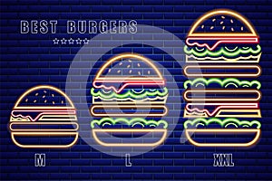 Neon burgers set of different sizes Vector poster. Glowing Fastfood light billboard symbol. Cafe menu templates