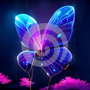 Neon butterfly on a background of flowers. 3d vector illustration. AI Generated