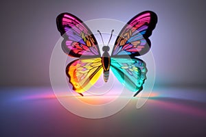 Neon butterfly on light background, glowing shining, colorful aura, background, butterfly backdrop