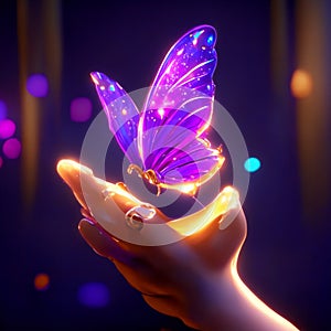 Neon butterfly in the palm of your hand. 3d rendering Generative AI