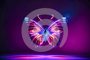 Neon Butterfly Photography in Dark background, Glowing colorful Insect on studio background