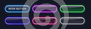 Neon button Realistic. Colorful glowing frames, borders, UI elements isolated on black background. Design element in