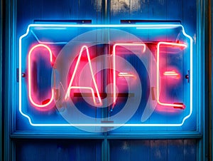 Neon Cafe Sign on Blue Wooden Wall