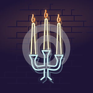 Neon candles. Night illuminated wall street sign. Isolated geometric style illustration on brick wall background.