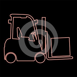 Neon cargo loading machine forklift truck for lifting box goods in warehouse fork lift loader freight red color vector