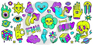 Neon cartoon psychedelic hippy stickers with mushrooms and eyes. Hallucination elements, heart, skull, emoji and ok hand photo