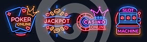 Neon casino banners. Slot machine playing cards lucky roulette gambling signs, online poker game bet. Vector neon casino