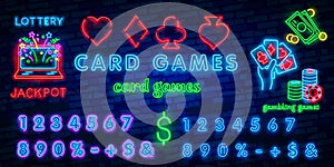 Neon casino sign. Poker, blackjack card suits, spade diamond heart club. Vintage Las Vegas glowing singage banner