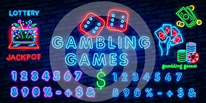 Neon casino sign. Poker, blackjack card suits, spade diamond heart club. Vintage Las Vegas glowing singage banner advertising