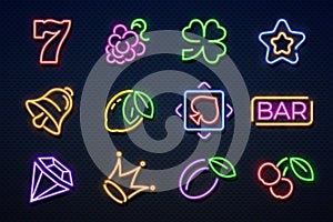 Neon casino signs. Slot gambling machine, playing cards, cherry and hearts, gaming jackpot machine. Vector casino neon