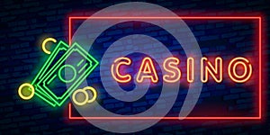 Neon Casono sign. Vector realistic isolated neon sign of Blackjack frame logo for decoration and covering on the wall background.