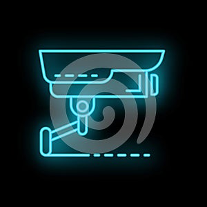 Neon cctv camera icon glowing on dark background