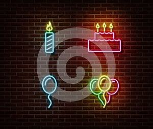 Neon celebration birthday signs vector isolated on brick wall. Candle, cake, air baloon light symbol