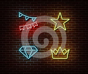 Neon celebration signs vector isolated on brick wall. Holiday flags, star, crown, diamond light symb