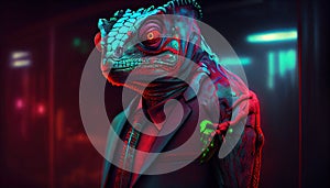 neon chameleon wearing suit, digital art illustration, Generative AI