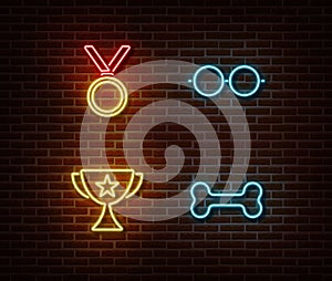 Neon champion signs vector isolated on brick wall. Trophy, gold medal, glasses, bone light symbol, d