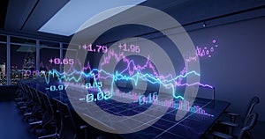 Neon Charts Diagrams of Financial Statistics report Growing on Table in Night Office