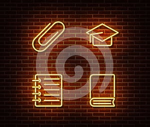 Neon checklist, book, note, clip, graduate cap signs vector isolated on brick wall. Neon studying li