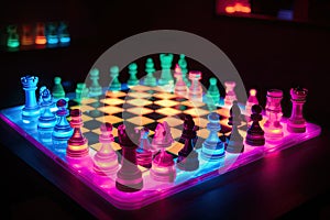 neon chess game, with opponents in a heated match