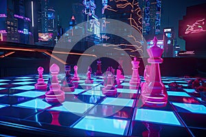 neon chess game, set in futuristic cityscape, with hovercars and flying taxis visible in the background