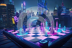 neon chess game, set in futuristic cityscape, with hovercars and flying taxis visible in the background