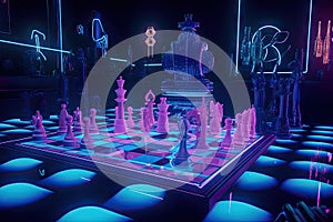 neon chess match in futuristic landscape, with hovercars and flying robots in the background photo