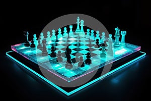 neon chessboard with pieces in place, ready for battle