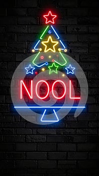 Neon Christmas Tree and Stars Decoration With NOOL Text On Brick Wall